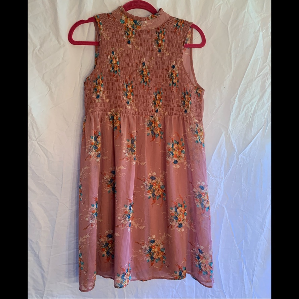 Pink, floral, high neck, spring dress